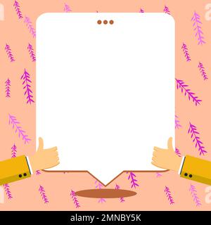 Big finger raised up pointing to whiteboard with information. White text holder behind hands contains main message. Empty speech bubble on bright Stock Vector