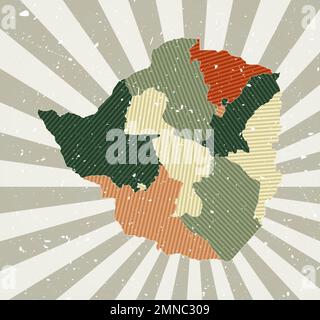 Zimbabwe vintage map. Grunge poster with map of the country in retro color palette. Shape of Zimbabwe with sunburst rays background. Vector illustrati Stock Vector