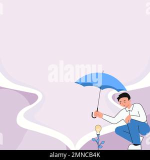 Yung man holding umbrella sitting and looking at rose. Save the flower from rain. Blank white space for text on colored background. Brand new Stock Vector