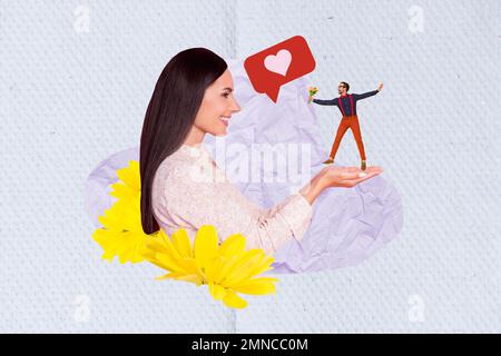Creative image greeting picture photo collage postcard of beautiful happy lady receive flowers isolated on drawing background Stock Photo