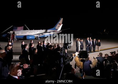 President Donald Trump speaks with the media after greeting former North Korean detainees Kim Dong Chul, Tony Kim and Kim Hak Song upon their arrival, Thursday, May 10, 2018, at Andrews Air Force Base, Md. (AP Photo/Alex Brandon)