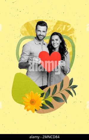 Photo collage image poster illustration of attractive people enjoy romance time holiday event together isolated on painted background Stock Photo