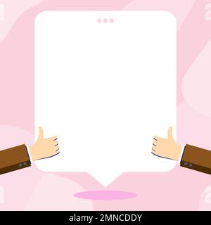Big finger raised up pointing to whiteboard with information. White text holder behind hands contains main message. Empty speech bubble on bright Stock Vector