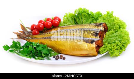Appetizing smoked fish on a platter Stock Photo