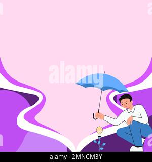 Yung man holding umbrella sitting and looking at rose. Save the flower from rain. Blank white space for text on colored background. Brand new Stock Vector