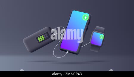 smart watch and mobile phone with charging with cabel from a power bank with battery indicator, render black 3d digital graphic Stock Vector