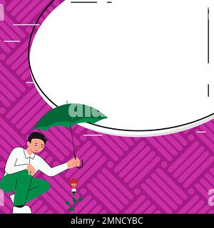 Yung man holding umbrella sitting and looking at rose. Save the flower from rain. Blank white space for text on colored background. Brand new Stock Vector