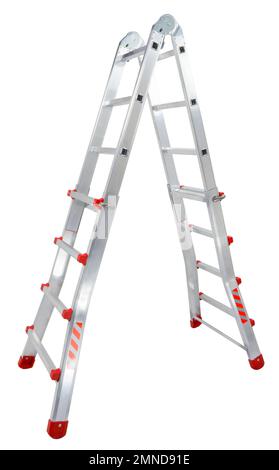 Aluminium stepladder isolated on white background. Portable ladder in a studio setting. An easy and reliable tool for performing installation work. Stock Photo