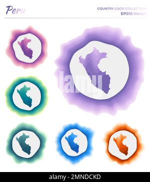 Peru logo collection. Colorful badge of the country. Layers around Peru border shape. Vector illustration. Stock Vector