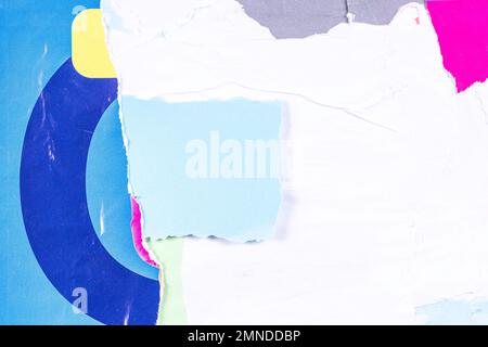 Old grunge ripped torn collage posters creased crumpled paper placard texture background with red, yellow, white, blue colors Stock Photo