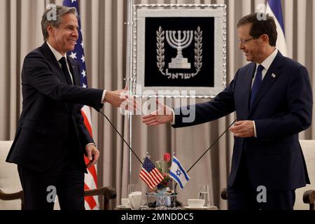 Jerusalem, Israel. 30th Jan, 2023. U.S. Secretary of State Anthony Blinken (L) meets with Israeli President Isaac Herzog on Monday, January 30, 2023 in Jerusalem. Pool Photo by Menahem Kahana/UPI Credit: UPI/Alamy Live News