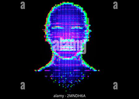 Human head made of pixels in neon holographic, virtual reality and ...