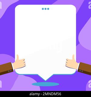Big finger raised up pointing to whiteboard with information. White text holder behind hands contains main message. Empty speech bubble on bright Stock Vector