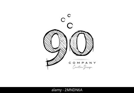 hand drawing number 90 logo icon design for company template or business. Creative logotype in pencil style Stock Vector