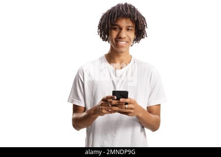 African american young man with dreadlocks using a smartphone and smiling isolated on white background Stock Photo