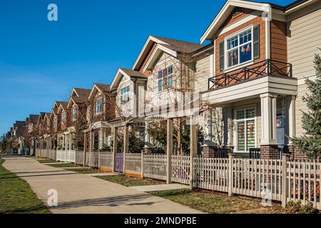 Modern residential houses neighborhood street with green plants in a suburban residential area. New and comfortable neighborhood. Townhouses on empty Stock Photo