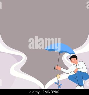 Yung man holding umbrella sitting and looking at rose. Save the flower from rain. Blank white space for text on colored background. Brand new Stock Vector
