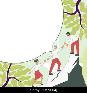 Thee Colleagues Climbing Upwards Mountain Reaching Success.White blank place for text on bright colored background. Partners Walking Up Peak Achieving Stock Vector