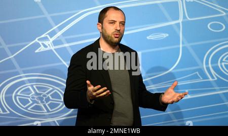 FILE - In this Monday, Feb. 24, 2014, file photo, Whatsapp co-founder and CEO Jan Koum speaks during a conference at the Mobile World Congress, the world's largest mobile phone trade show in Barcelona, Spain. On Monday, April 30, 2018, Koum confirmed on his Facebook page that he is leaving Whatsapp and Facebook, saying it is time for him to “move on.” (AP Photo/Manu Fernandez, File)