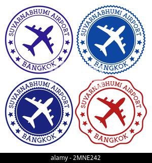 Suvarnabhumi Airport Bangkok. Bangkok airport logo. Flat stamps in material color palette. Vector illustration. Stock Vector