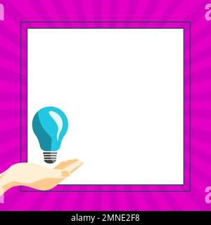 Drawn Hand holding yellow bulb. Important message written on white textholder. Main information in cropped speech bubble over colored comic background Stock Vector