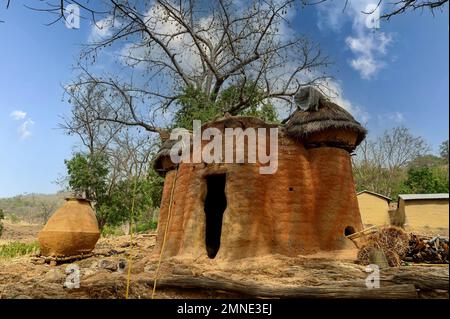 Traditional house of the Tamberma tribe in northern Togo, Western Africa. These fortified houses, made of clay and wood, resemble miniature castles. Stock Photo