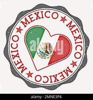 Mexico heart flag logo. Country name text around Mexico flag in the shape of a heart. Stylish vector illustration. Stock Vector