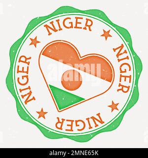 Niger heart flag logo. Country name text around Niger flag in the shape of a heart. Artistic vector illustration. Stock Vector