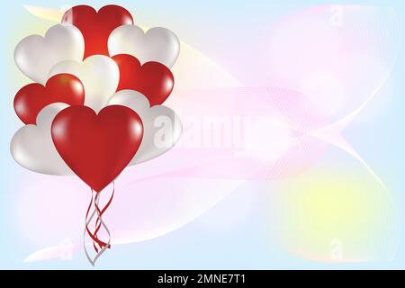 White and red heart-shaped balloons on a light background with copy space. Universal holiday background. Vector image. Stock Vector