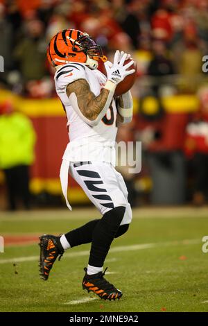 Cincinnati Bengals running back Trayveon Williams takes the opening kickoff  during the first half of the NFL AFC Championship playoff football game  against the Kansas City Chiefs, Sunday, Jan. 29, 2023 in