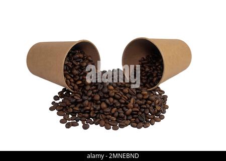 Two overturned disposable paper cups filled with roasted coffee beans isolated on white background (close-up) Stock Photo