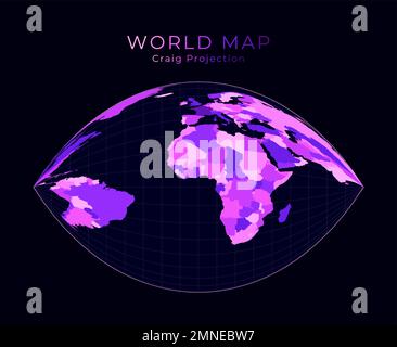 World Map. Craig retroazimuthal projection. Digital world illustration. Bright pink neon colors on dark background. Superb vector illustration. Stock Vector