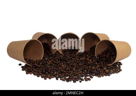 Five overturned disposable paper cups filled with roasted coffee beans isolated on white background (close-up) Stock Photo