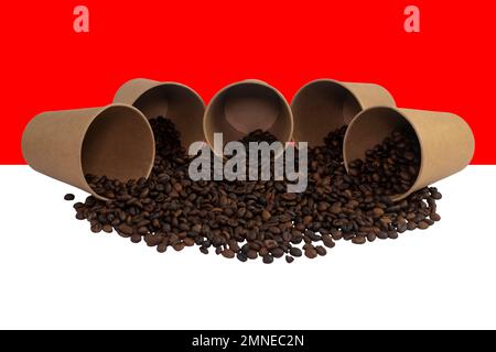 Five overturned disposable paper cups filled with roasted coffee beans against the background of the Indonesian flag (close-up) Stock Photo