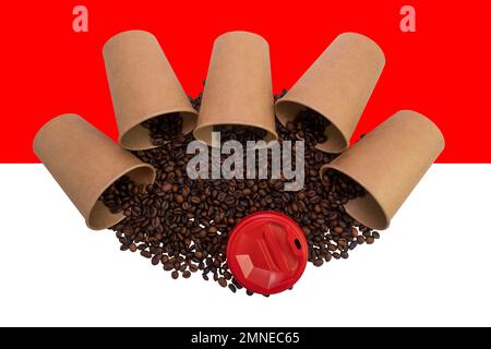 Five overturned disposable paper cups filled with roasted coffee beans against the background of the Indonesian flag (close-up) Stock Photo
