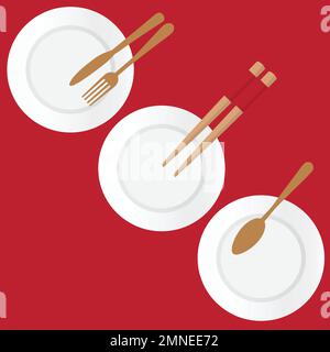 Three plates on red background one with a spoon, one with fork and knife and one with chopsticks Stock Vector
