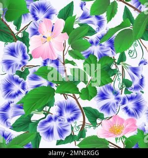 Seamless texture Morning glory  blue spring flowers and twigs wild roses vintage vector illustration editable hand draw Stock Vector