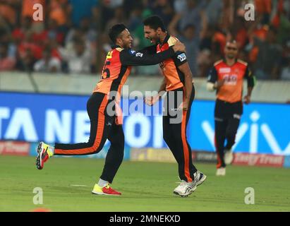 Sunrisers Hyderabad bowler Basil Thampi right celebrates the