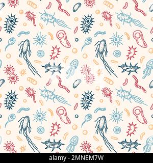 Bacteria seamless pattern. Scientific vector illustration in sketch style. Doodle background Stock Vector