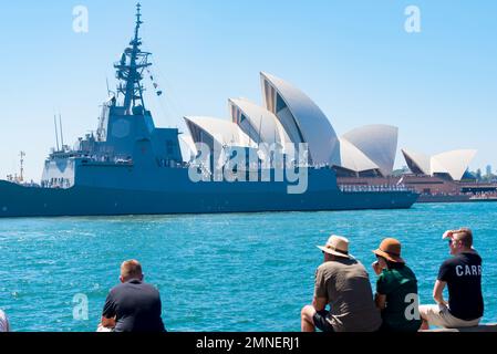 HMAS Sydney(V), a DDG guided missile destroyer, stationed in Sydney Harbour the during the Australia Day celebrations on January 26th, 2023 Stock Photo