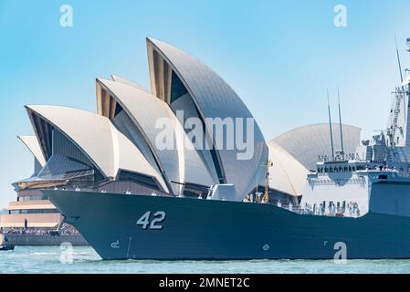 HMAS Sydney(V), a DDG guided missile destroyer, stationed in Sydney Harbour the during the Australia Day celebrations on January 26th, 2023 Stock Photo