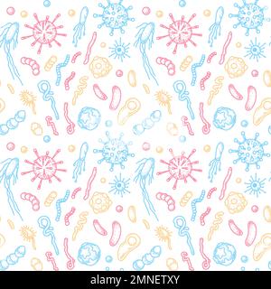 Bacteria and virus seamless pattern. Scientific vector illustration in sketch style. Doodle background Stock Vector