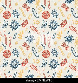 Bacteria and virus seamless pattern. Scientific vector illustration in sketch style. Doodle background Stock Vector