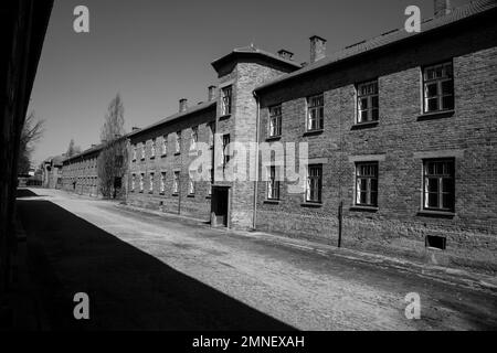 Camp buildings at the Auschwitz-Birkenau concentration camp in Poland where vast numbers of Jewish and Polish prisoners were killed by Nazi Germany Stock Photo
