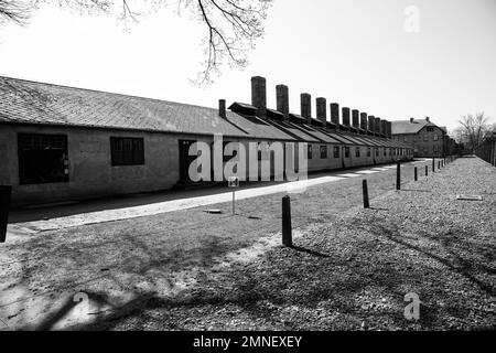 A  prisoner block at Auschwitz-Birkenau concentration camp in Poland faithfully retained as a memorial to the horror of the Nazi genocide of Jews Stock Photo