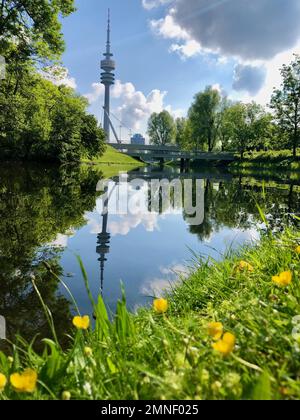 Olympic Tower reflected in the lake, Olympiasee, Olympiapark, Munich, Germany Stock Photo