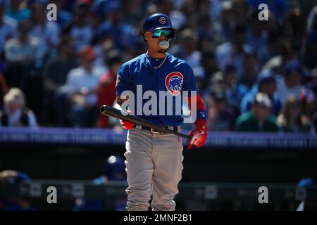 Chicago Cubs second baseman Javier Baez tags out Cleveland Indians  shortstop Francisco Lindor attempting to steal second base during the third  inning of game 1 of the World Series at Progressive Field