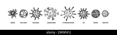 Set of hand drawn different types of viruses. Vector illustration in sketch style. Realistic scientific drawing Stock Vector