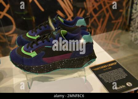 New York, USA. 30th Jan, 2023. Sneakers are curated at the Modelo and Brooklyn Nets Hall of Fame pop up gallery and sneaker event at Barclay's Center in New York, NY, on January 30, 2023. (Photo by Efren Landaos/Sipa USA) Credit: Sipa USA/Alamy Live News Stock Photo