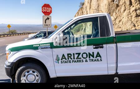 Yarnell, AZ - Nov. 17, 2022: Arizona State Parks and Trails Park Ranger vehicle parked at the Granite Mountain Hotshots Memorial State Park. Stock Photo